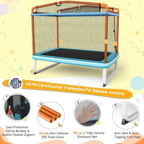 GYMAX Trampoline for Kids, 75" ASTM Approved Recreational Trampolines with Swing, Horizontal Bar & Enclosure Net, Mini Rectangle Trampoline for Baby Toddlers Indoor/Outdoor in Saudi Arabia