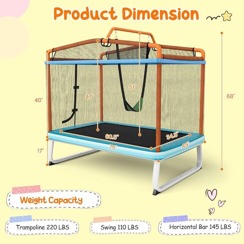 GYMAX Trampoline for Kids, 75" ASTM Approved Recreational Trampolines with Swing, Horizontal Bar & Enclosure Net, Mini Rectangle Trampoline for Baby Toddlers Indoor/Outdoor in Saudi Arabia