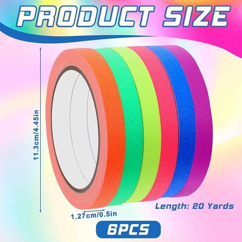 6 Pack Spike Tape Neon Gaffer Cloth Tape 1/2 inch x 59 ft Fluorescent Color Pro Gaff Tapes Multi Colors UV Reflective Tapes for Hula Hoops, Theater, Sports, 6 Bright Colors in Saudi Arabia