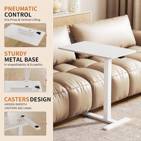 Overbed Bedside Table with Wheels,Adjustable Pneumatic Standing Laptop Desk,Mobile Standing Desk for Home Hospital Use Rolling Bed Table,White in Kuwait