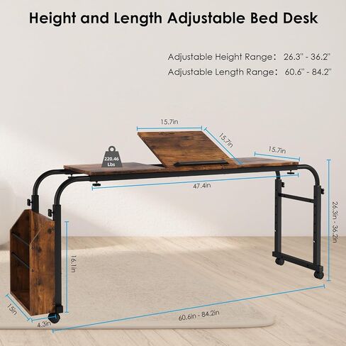 Arlopu Overbed Table with Wheels,60.6-84.2 inches Mobile Bed Desk,Rolling Computer Desk, Laptop Cart,W/0-65°Tilt Stand,4 Heights and 6 Lengths,Side Storage Basket,for Home,Office and Hospital (Brown) in Saudi Arabia