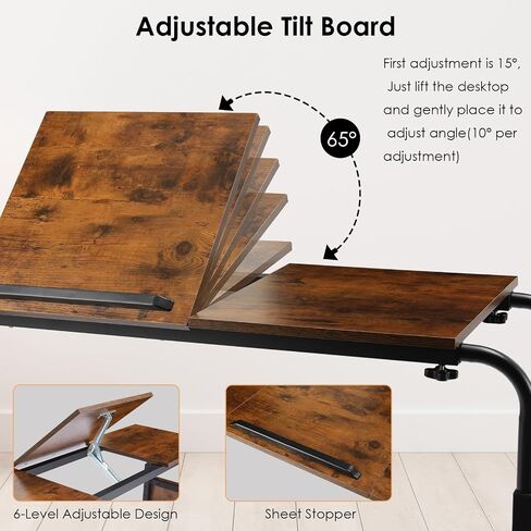 Arlopu Overbed Table with Wheels,60.6-84.2 inches Mobile Bed Desk,Rolling Computer Desk, Laptop Cart,W/0-65°Tilt Stand,4 Heights and 6 Lengths,Side Storage Basket,for Home,Office and Hospital (Brown) in Saudi Arabia