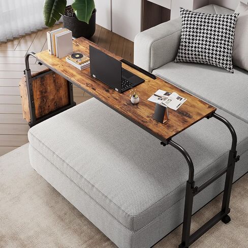 Arlopu Overbed Table with Wheels,60.6-84.2 inches Mobile Bed Desk,Rolling Computer Desk, Laptop Cart,W/0-65°Tilt Stand,4 Heights and 6 Lengths,Side Storage Basket,for Home,Office and Hospital (Brown) in Saudi Arabia