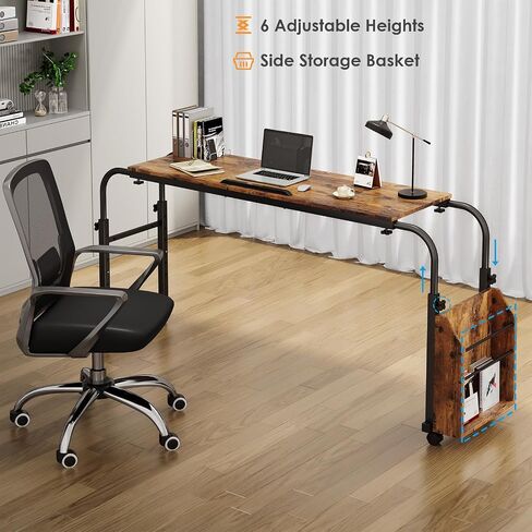 Arlopu Overbed Table with Wheels,60.6-84.2 inches Mobile Bed Desk,Rolling Computer Desk, Laptop Cart,W/0-65°Tilt Stand,4 Heights and 6 Lengths,Side Storage Basket,for Home,Office and Hospital (Brown) in Saudi Arabia