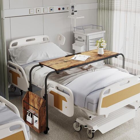 Arlopu Overbed Table with Wheels,60.6-84.2 inches Mobile Bed Desk,Rolling Computer Desk, Laptop Cart,W/0-65°Tilt Stand,4 Heights and 6 Lengths,Side Storage Basket,for Home,Office and Hospital (Brown) in Saudi Arabia
