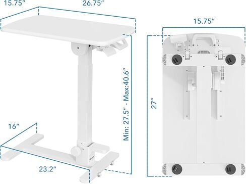 Mount-It! Foldable Overbed Table with Wheels – Height Adjustable Rolling Bedside Table, No Assembly Required, Ultra-Low Profile Base Fits Under Beds & Sofas, for Home and Hospital Use in Saudi Arabia