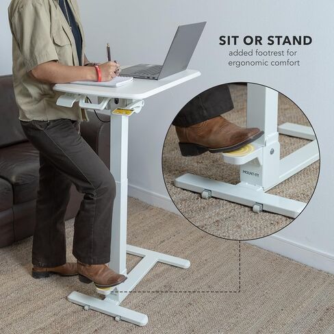 Mount-It! Foldable Overbed Table with Wheels – Height Adjustable Rolling Bedside Table, No Assembly Required, Ultra-Low Profile Base Fits Under Beds & Sofas, for Home and Hospital Use in Saudi Arabia