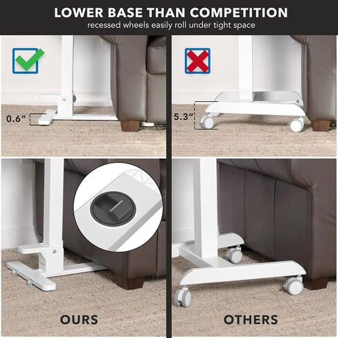 Mount-It! Foldable Overbed Table with Wheels – Height Adjustable Rolling Bedside Table, No Assembly Required, Ultra-Low Profile Base Fits Under Beds & Sofas, for Home and Hospital Use in Saudi Arabia