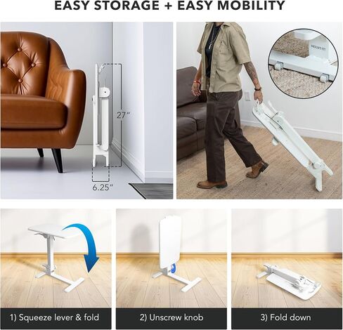 Mount-It! Foldable Overbed Table with Wheels – Height Adjustable Rolling Bedside Table, No Assembly Required, Ultra-Low Profile Base Fits Under Beds & Sofas, for Home and Hospital Use in Saudi Arabia