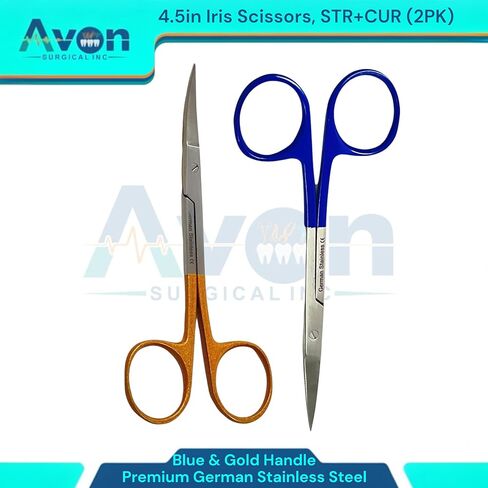 مقص القزحية الحادة المقص 4.5 بوصة مجموعة نصائح مستقيمة ومنحنية ، مقبض ذهبي وأزرق-الفولاذ المقاوم للصدأ الألماني المرفق بالألوان. in Kuwait