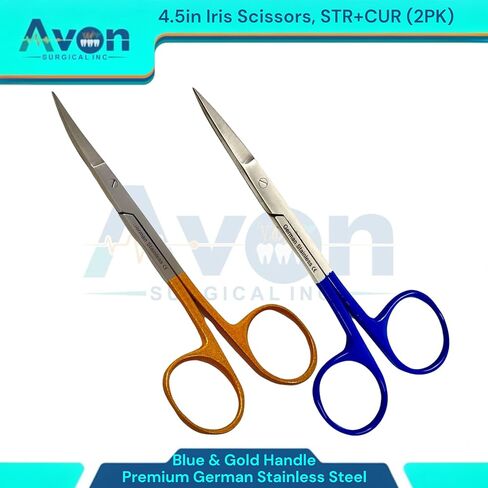 مقص القزحية الحادة المقص 4.5 بوصة مجموعة نصائح مستقيمة ومنحنية ، مقبض ذهبي وأزرق-الفولاذ المقاوم للصدأ الألماني المرفق بالألوان. in Kuwait