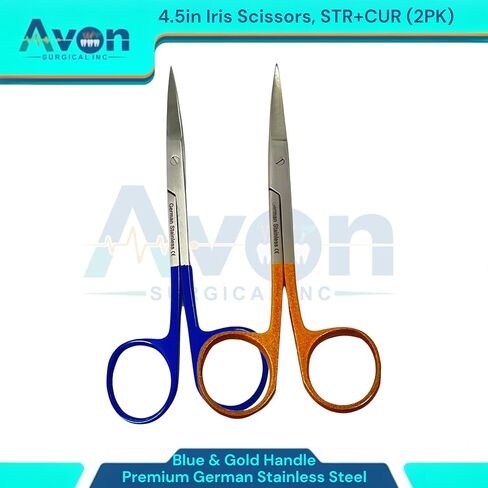 مقص القزحية الحادة المقص 4.5 بوصة مجموعة نصائح مستقيمة ومنحنية ، مقبض ذهبي وأزرق-الفولاذ المقاوم للصدأ الألماني المرفق بالألوان. in Kuwait
