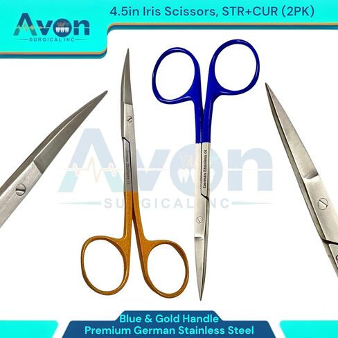 مقص القزحية الحادة المقص 4.5 بوصة مجموعة نصائح مستقيمة ومنحنية ، مقبض ذهبي وأزرق-الفولاذ المقاوم للصدأ الألماني المرفق بالألوان. in Kuwait