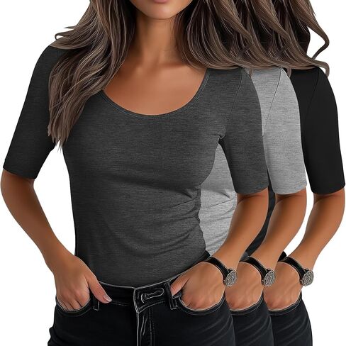 Neer 3 Pack Women's Scoop Neck Stretchy Tops Cotton Half Sleeve Slim Fitted T-Shirts Tight Casual Basic Summer Tees(Black, Gray Green, Dusty Pink,Small) in Saudi Arabia