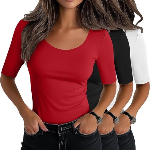 Neer 3 Pack Women's Scoop Neck Stretchy Tops Cotton Half Sleeve Slim Fitted T-Shirts Tight Casual Basic Summer Tees(Black, Gray Green, Dusty Pink,Small) in Saudi Arabia