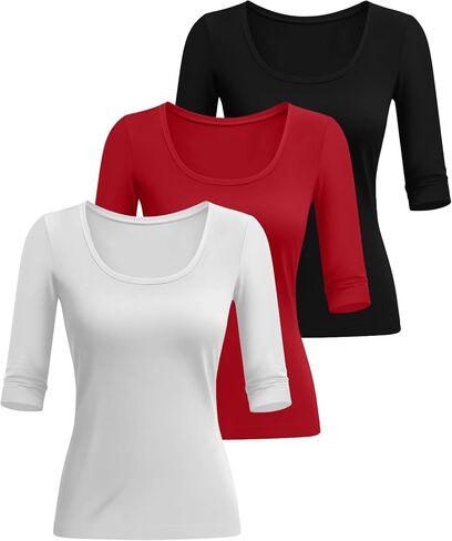 Neer 3 Pack Women's Scoop Neck Stretchy Tops Cotton Half Sleeve Slim Fitted T-Shirts Tight Casual Basic Summer Tees(Black, Gray Green, Dusty Pink,Small) in Saudi Arabia