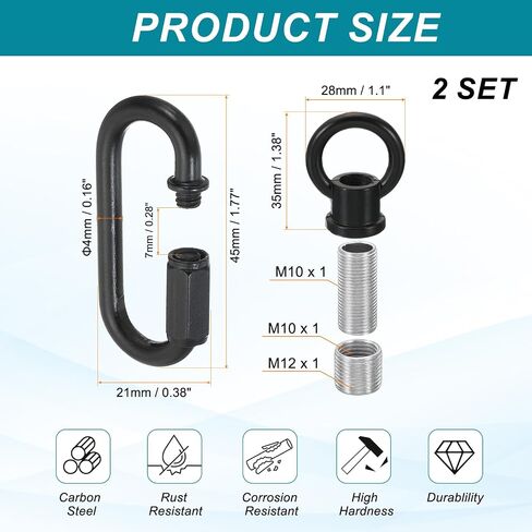 PATIKIL M10 Fine Thread Lamp Female Loop Holder with M12 Adapter Chain Quick Link, Lifting Eye Nut Hook Ring Structural Support to Chandelier, 44 lbs Load Black Pack of 2 in Saudi Arabia
