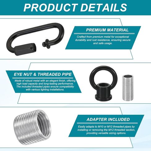 PATIKIL M10 Fine Thread Lamp Female Loop Holder with M12 Adapter Chain Quick Link, Lifting Eye Nut Hook Ring Structural Support to Chandelier, 44 lbs Load Black Pack of 2 in Saudi Arabia