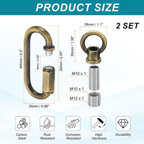 Patikil M10 Fine Thread LAMP حامل حلقة أنثى مع M12 سلسلة محول الرابط السريع ، رفع الدعم الهيكلي لخطاف الجوز للعين للثريا ، 88 رطلا حزمة البرونز من 2 in Kuwait