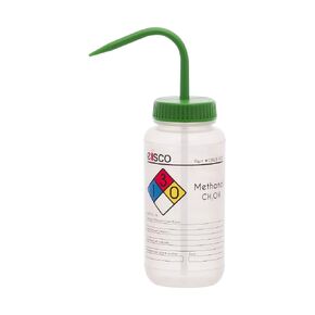 EISCO Wash Bottle for Methanol, 500ml - Labeled with Color Coded Chemical & Safety Information (4 Colors) - Wide Mouth, Self Venting, Polypropylene - Performance Plastics Labs in Saudi Arabia