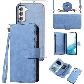 Asuwish Phone Case for Samsung Galaxy S22 5G Zipper Wallet Detachable Cell Cover with Tempered Glass Screen Protector Crossbody Lanyard Strap Flip Card Holder S 22 22S 4G G5 6.1 inch Women Black in Kuwait