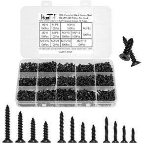 1200Pcs Black Tiny Self Tapping Screws for Wood, Plastic and Soft Metal. Phillips Flat Head M2 M2.5 M3 Small Countersunk Tapper Screws Set for DIY Micro Woodworking Furniture Box. Carbon Steel in Kuwait