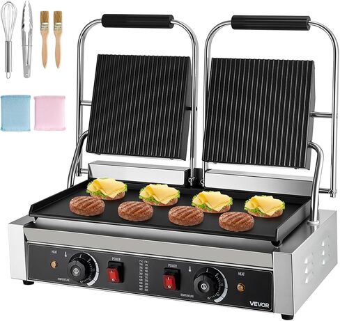 Vevor Commercial Panini Grill ، 3600W صانع شطيرة شطيرة كهربائية ، شطائر مزدوجة من الفولاذ المقاوم للصدأ تضغط على الشواية مع المقبض والتحكم في درجة الحرارة ، 19x9 في لوحة المينا المسط in Kuwait