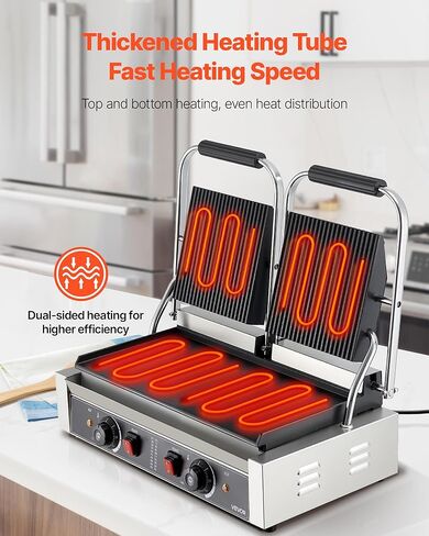 Vevor Commercial Panini Grill ، 3600W صانع شطيرة شطيرة كهربائية ، شطائر مزدوجة من الفولاذ المقاوم للصدأ تضغط على الشواية مع المقبض والتحكم في درجة الحرارة ، 19x9 في لوحة المينا المسط in Kuwait