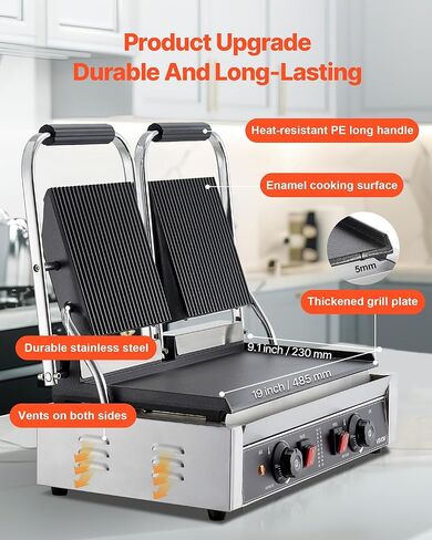 Vevor Commercial Panini Grill ، 3600W صانع شطيرة شطيرة كهربائية ، شطائر مزدوجة من الفولاذ المقاوم للصدأ تضغط على الشواية مع المقبض والتحكم في درجة الحرارة ، 19x9 في لوحة المينا المسط in Kuwait