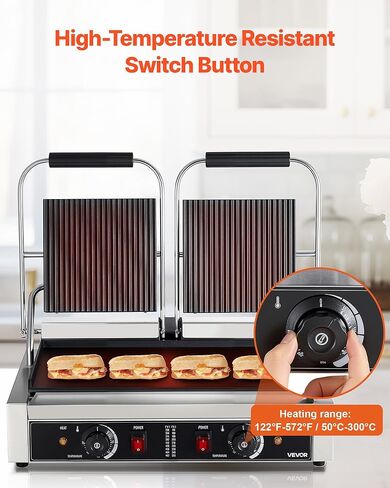 Vevor Commercial Panini Grill ، 3600W صانع شطيرة شطيرة كهربائية ، شطائر مزدوجة من الفولاذ المقاوم للصدأ تضغط على الشواية مع المقبض والتحكم في درجة الحرارة ، 19x9 في لوحة المينا المسط in Kuwait