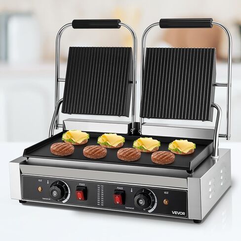 Vevor Commercial Panini Grill ، 3600W صانع شطيرة شطيرة كهربائية ، شطائر مزدوجة من الفولاذ المقاوم للصدأ تضغط على الشواية مع المقبض والتحكم في درجة الحرارة ، 19x9 في لوحة المينا المسط in Kuwait