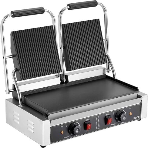 Vevor Commercial Panini Grill ، 3600W صانع شطيرة شطيرة كهربائية ، شطائر مزدوجة من الفولاذ المقاوم للصدأ تضغط على الشواية مع المقبض والتحكم في درجة الحرارة ، 19x9 في لوحة المينا المسط in Kuwait