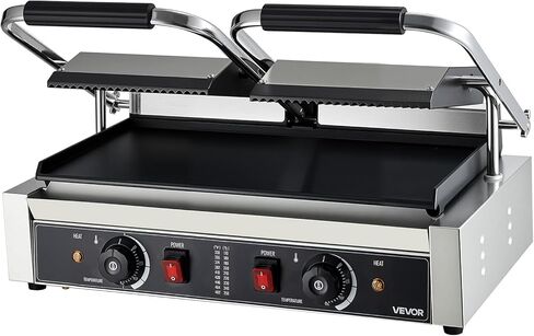Vevor Commercial Panini Grill ، 3600W صانع شطيرة شطيرة كهربائية ، شطائر مزدوجة من الفولاذ المقاوم للصدأ تضغط على الشواية مع المقبض والتحكم في درجة الحرارة ، 19x9 في لوحة المينا المسط in Kuwait