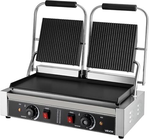 Vevor Commercial Panini Grill ، 3600W صانع شطيرة شطيرة كهربائية ، شطائر مزدوجة من الفولاذ المقاوم للصدأ تضغط على الشواية مع المقبض والتحكم في درجة الحرارة ، 19x9 في لوحة المينا المسط in Kuwait