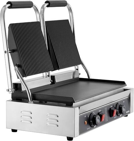 Vevor Commercial Panini Grill ، 3600W صانع شطيرة شطيرة كهربائية ، شطائر مزدوجة من الفولاذ المقاوم للصدأ تضغط على الشواية مع المقبض والتحكم في درجة الحرارة ، 19x9 في لوحة المينا المسط in Kuwait
