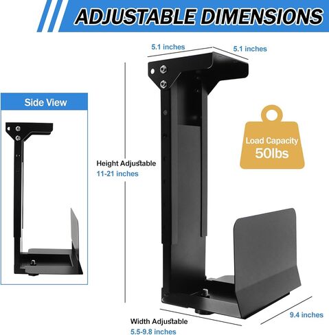 Heavy Duty Computer Wall Mount PC Case - Upgraded, Also Great for PC Mount Under Desk - Height Adjustable from 11" to 21", Width Adjustable from 5.5" to 9.8", Computer Tower Under Desk Home Office in Kuwait