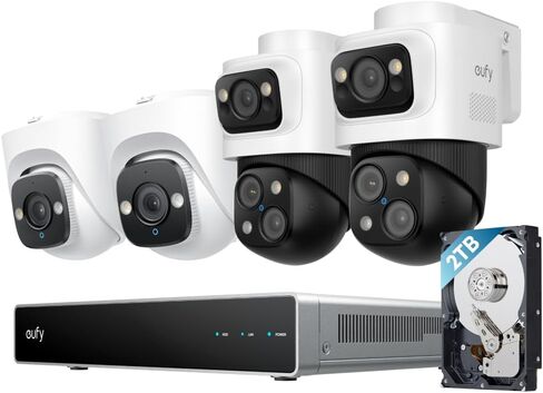 Eufy Poe NVR Security System S4 Max ، 16 ميجًا كاميرا ثلاثية العدسة ، 360 درجة PTZ ، 8 × Auto Zoom ، البحث عن الفيديو الذكي ، تتبع Cross-Cam ، Red & Blue Strobe ، Color Night Vision ، 24/7 ، 2TB HDD in Kuwait