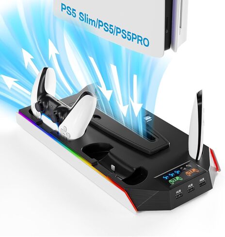 LHFDIAN PS5 Slim/PS5 Cooling Station, PS5 Stand with RGB LED, Dual Controller Charging Station for PS5, Fast PS5 Controller Charger, Dual Charger for PS5 Digital/Disc-White… in Saudi Arabia