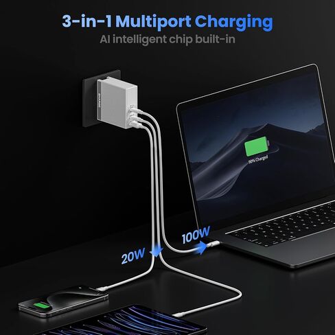 Pixel 100W USB C GaN Charger 4-Port Fast Charging with Dot-Matrix Display Laptop Charger PD 3.0, Foldable and Compact for MacBook Air, iPhone 16 in Kuwait