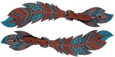 Showman Ladies Size Leather Teal Painted Cut-Out Feather Spur Straps in Saudi Arabia