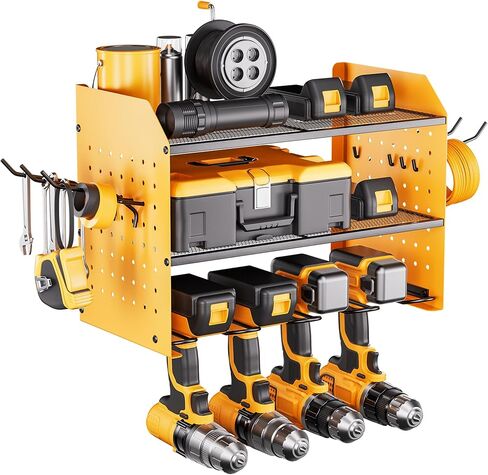 Trzz Tool Tool Organizer Wall Mount ، محطة شحن من 3 طبقات مع 8 منافذ ، 6 حاملين للحفر ورف بتات الحفر ، التخزين الفعال والمنظم للمرآب ، Workbench ، و Workshop (Black) in Kuwait