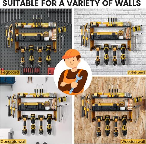Trzz Tool Tool Organizer Wall Mount ، محطة شحن من 3 طبقات مع 8 منافذ ، 6 حاملين للحفر ورف بتات الحفر ، التخزين الفعال والمنظم للمرآب ، Workbench ، و Workshop (Black) in Kuwait
