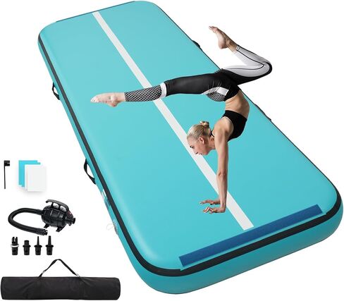 Quashley Air Gymnastics حصيرة 8 بوصة صالة رياضية سميكة سميك حصيرة مع اثنين من الموصلات الفيلكرو مرنة 10TF/13ft/16ft/20ft الحصير قابلة للنفخ للتدريب/التشجيع/المضخة الكهربائية المنزلية in Kuwait