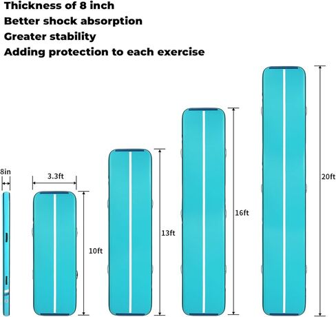 Quashley Air Gymnastics حصيرة 8 بوصة صالة رياضية سميكة سميك حصيرة مع اثنين من الموصلات الفيلكرو مرنة 10TF/13ft/16ft/20ft الحصير قابلة للنفخ للتدريب/التشجيع/المضخة الكهربائية المنزلية in Kuwait