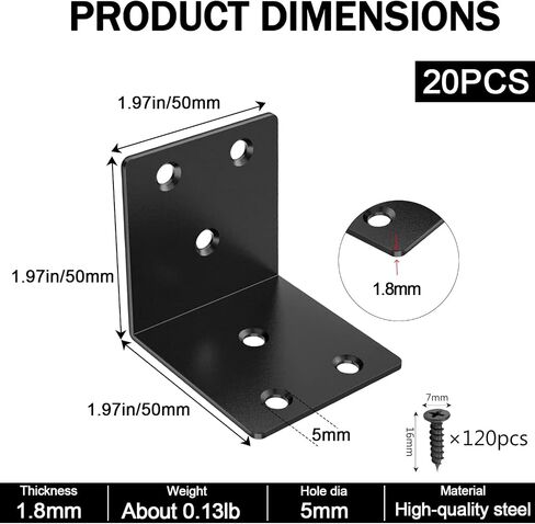 20Pcs Black Angle Bracket 2"x2"x2" Corner Brackets, Metal L Brackets 90 Degree Corner Brace for Wood Furniture Shelves Bed Bookshelf, Included 120pcs Screws in Saudi Arabia