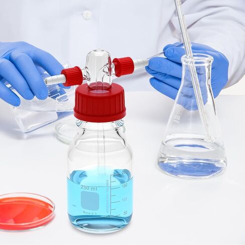 Qwork Lab Lab Gas Wash Glass 250 مل ، زجاجة عازلة متدرجة مع رأس GL45 ، غسيل برغي أحمر PBT GL14 PBT in Saudi Arabia
