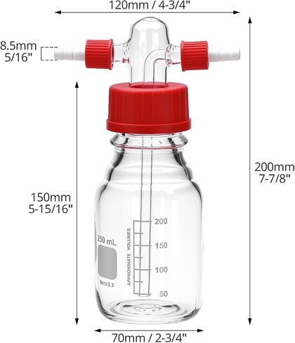 Qwork Lab Lab Gas Wash Glass 250 مل ، زجاجة عازلة متدرجة مع رأس GL45 ، غسيل برغي أحمر PBT GL14 PBT in Saudi Arabia