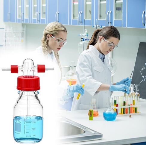 Qwork Lab Lab Gas Wash Glass 250 مل ، زجاجة عازلة متدرجة مع رأس GL45 ، غسيل برغي أحمر PBT GL14 PBT in Saudi Arabia
