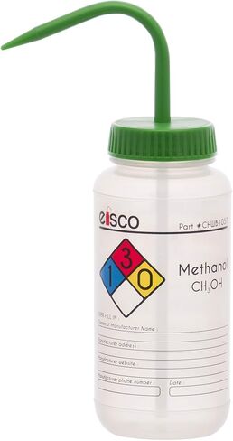 EISCO Wash Bottle for Methanol, 500ml - Labeled with Color Coded Chemical & Safety Information (4 Colors) - Wide Mouth, Self Venting, Polypropylene - Performance Plastics Labs in Saudi Arabia