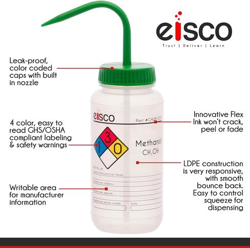 EISCO Wash Bottle for Methanol, 500ml - Labeled with Color Coded Chemical & Safety Information (4 Colors) - Wide Mouth, Self Venting, Polypropylene - Performance Plastics Labs in Saudi Arabia